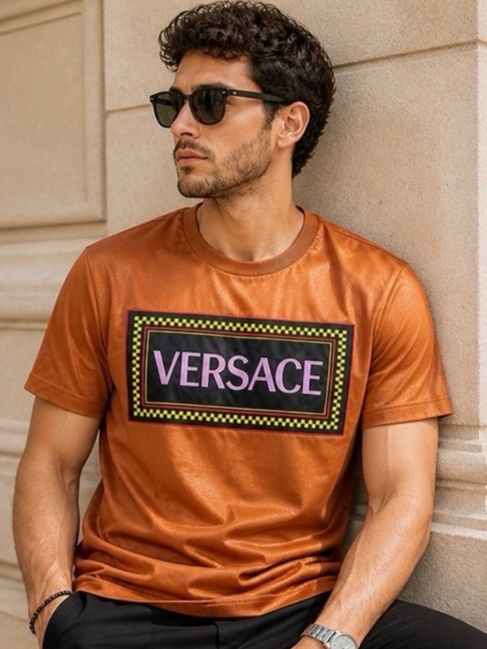 Versace Orange Short-Sleeve Logo Tee with Pink & Black Patch